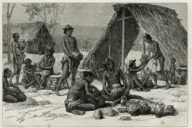 Los indios Galibis (o Kalinas) haciendo cerámica, grabado por D. Maillart, para ilustrar el viaje de exploración en el interior de Guayana por el Dr. Jules Crevaux, médico de la Marina Francesa, en 1876-1877, publicado en la tour du monde, bajo la direcció
