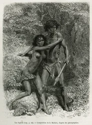 Les fugitives aborigenes, grabado según un dibujo de D.Maillart, para ilustrar el relato Seis meses en Australia, de Desire Charnay, misión asignada por el Ministerio de Instrucción Pública, en 1878, publicado en el tour du monde, bajo la dirección de