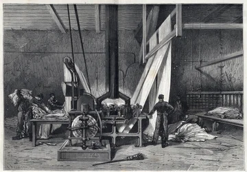Las grandes fábricas - Tintorería Erie Boutarel en Clichy la Garenne - El tejido de las telas - grabado de 1869
