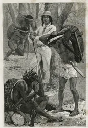 Los porteadores (caucheros) en Darién (región del este de Panamá), grabado después de un dibujo de D. Maillart, para ilustrar la historia Exploración en el istmo de Panamá y Darién, por A. Reclus, teniente de navío, de 1876 a 1878, publicado en la tour du 