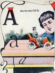 Letra A: Automóvil. Grabado en "ABC des joux pour petits boys". Imágenes de Pont-a-Mousson, Louis Vagne, impresor-editor, finales del siglo XIX. Dim: 32,5x25 cm