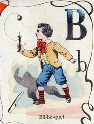 Letra B: Bilboquet. Grabado en "ABC des joux pour petits boys". Imágenes de Pont-a-Mousson, Louis Vagne, impresor-editor, finales del siglo XIX. Dim: 32,5x25 cm