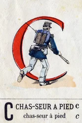 Letra C como Cazador de a pie. Alfabeto militar (ABC o abecedario). Imágenes de Epinal, circa 1870-1880. Xilografías coloreadas con esténcil. Colección privada