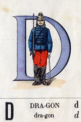 Letra D como Dragón. Alfabeto militar (ABC o abecedario). Imágenes de Epinal, circa 1870-1880). Xilografías coloreadas con esténcil. Colección privada