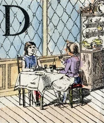 Letra D, niña jugando a la comidita. ABC de las niñas. Imagen de Epinal