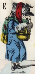 Letra E: Abrigo (Abrigo de pieles y telas para mantenerse caliente). Grabado en "Alfabeto Cómico". Nueva imagen de Epinal. Litografía Pinot et Sagaire, editores, entre 1860 y 1888