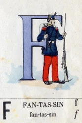 Letra F como infante. Alfabeto militar. Imágenes de Epinal, circa 1870-1880. Xilografías coloreadas con plantilla