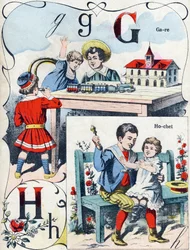 Letra G H: estación y sonajero. Grabado en "ABC des joux pour petits boys". Imágenes de Pont-a-Mousson, Louis Vagne, impresor-editor, finales del siglo XIX. Dim: 32,5x25 cm