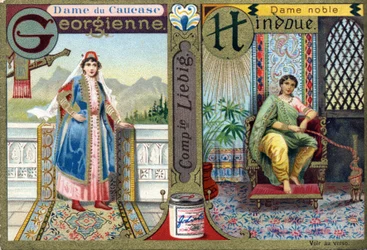 Letra G como Dama del Cáucaso Georgiano y H como Dama Noble Hindú. Alfabeto de mujeres. Serie de 12 imágenes. Publicidad de Liebig