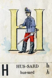 Letra H como húsar. Alfabeto militar. Imágenes de Epinal, circa 1870-1880. Xilografías coloreadas con esténcil