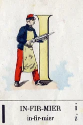 Letra I como enfermera. Alfabeto militar. Imágenes de Epinal, c. 1870-1880. Grabados en madera coloreados con esténcil