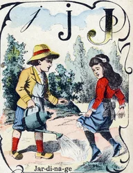 Letra J: Jardinería. Grabado en "ABC des joux pour petits boys". Imágenes de Pont-a-Mousson, Louis Vagne, impresor-editor, finales del siglo XIX. Dim: 32,5x25 cm