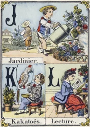 Letras J, K y L: jardinero, cacatúas y lectura. Alfabeto recreativo. Imagen de Epinal, circa 1880