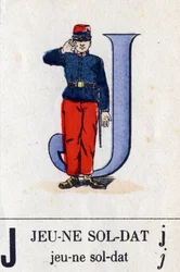 Letra J como joven soldado. Alfabeto militar. Imágenes de Epinal, circa 1870-1880. Xilografías coloreadas con esténcil