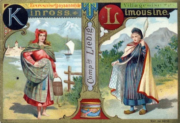 Letra K: Escocesa de Kinross y L como Aldeana de Limousin. Alfabeto de mujeres. Serie de 12 imágenes. Publicidad de Liebig