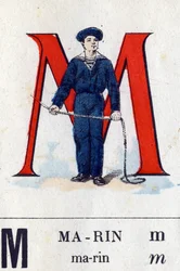Letra M como marinero. Alfabeto militar. Imágenes de Epinal, circa 1870-1880. Xilografías coloreadas con plantilla