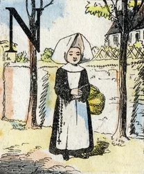 Letra M niña como monja. ABC de las niñas. Imagen de Epinal