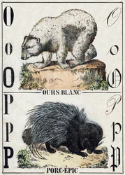 Letra O Oso; P Puercoespín. Grabado en "Alphabet des animaux sauvages". 9ª Serie. Imaginería de Epinal, Pellerin, impresor-editor, circa 1870. Grabados en madera, estarcidos. 16 páginas. Dim: 20 x 15 cm. Colección privada