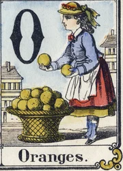 Letra O: Naranjas. Alfabeto recreativo. Imagen de Epinal, circa 1880