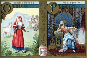 Letra O como Mujer Sarda de Osilo y P como Odalisca de Persia. Alfabeto de mujeres. Serie de 12 imágenes. Publicidad de Liebig