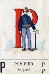 Letra P como bombero. Alfabeto militar. Imágenes de Epinal, circa 1870-1880. Xilografías coloreadas con esténcil
