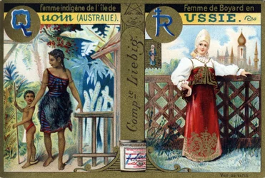 Letra Q como Mujer Indígena de la Isla Quoin y R como Mujer Boyarda en Rusia. Alfabeto de mujeres. Serie de 12 imágenes. Publicidad de Liebig