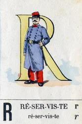 Letra R como reservista. Alfabeto militar. Imágenes de Epinal, circa 1870-1880. Xilografías coloreadas con esténcil