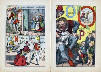 Letras: L M N O P Q R S (página central doble). El lobo, la cabra y los biquets, La Madre Michel, El Enano amarillo, El Ogro y el Peucet, Don Quijote, Rocinante y Sancho. Grabado en "ABC Les Images en Alphabet". Imágenes de Epinal. Pellerin y Cie, impresor