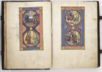 Salterio de Lewis ff.8v-9r, Presentación en el Templo y las Tres Tentaciones de Cristo, c.1225-40 (temple y oro sobre vitela)