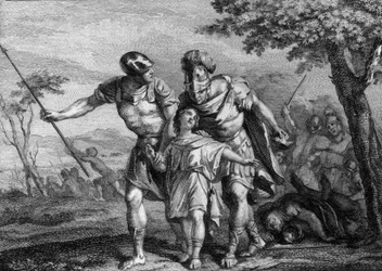 Liberación de Childeberto II (570-596), rey de Austrasia, 575: hijo de Childeberto I y Brunehilde (Brunehaut), había sido llevado por su tío, Chilperico I, a la muerte de su padre. Grabado del siglo XVIII