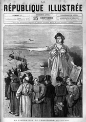 Liberación del territorio: la República Francesa expulsa a congregaciones religiosas no autorizadas del territorio francés tras los decretos de marzo de 1880 tomados por Jules Ferry y privándolas del derecho a enseñar. Un periódico. Grabado de 1880 en "La 