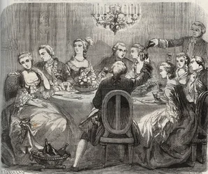 Libertinaje: Christian VII (1749-1808), Rey de Dinamarca y Noruega, durante una fiesta libertina organizada por la bailarina Marie Madeleine Guimard (1743-1816) en su casa de Pantin. Grabado de 1871 en “Histoire Des Cocuses Celebres” de Henry de Kock