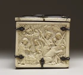 Tapa de un cofre que representa el "Castillo del Amor y Caballeros Justando", c.1330-50