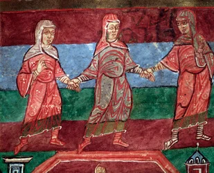 Vida de Santa Radegunda de Poitiers, mujeres bailando y cantando canciones seculares (miniatura)