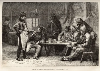 El interior de un campamento de leñadores en Ontario, grabado después de un dibujo de D.Maillard, ilustrando la excursión a Canadá y al Río Rojo del norte, por H. De Lamotte, en 1873, publicado en “Le tour du monde” 1875, editado por Edouard Charton, edici