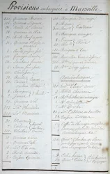 Lista de provisiones embarcadas en Marsella y recetas antiescorbúticas en «Viaje alrededor del mundo en el Solide bajo el mando del capitán Marchand» (un cuaderno de bitácora). 1791-1792. Archivos Nacionales de París.
