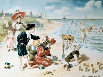 Pasta pequeña: niños jugando en la playa con arena. Ilustración de principios del siglo XX (cromolito)