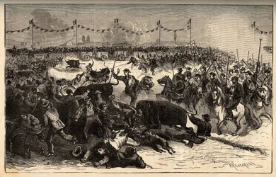 Marcado de ganado - La ferrade en Camargue (fiesta organizada durante el marcado a fuego del ganado) - grabado en 