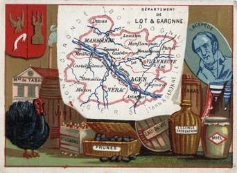 Lot et Garonne (Lot-et-Garonne, 47), Aquitania, Francia. Fábrica de tabaco, cría de pavos, vino, corchos, ciruelas, aguardiente, gasolina de trementina. Retrato de Bernard Germain Etienne de Laville-sur-Illon, Conde de Lacepede