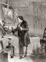 Louis-Jacques-Mandé Daguerre inventando el proceso fotográfico del daguerrotipo en el siglo XIX, de Les Merveilles de la Science, publicado hacia 1870 (grabado).