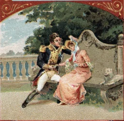 Luis Alejandro Berthier (1753-1815), Príncipe de Wagram, con Madame Visconti, su amante, en el Château de Grosbois. Cromolitografía de finales del siglo XIX