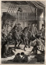 Louis Antoine, Conde de Bougainville (1729-1811) recibió a los habitantes de la Bahía Fortescue (Estrecho de Magallanes) en su barco "La Boudeuse" en 1768 - ilustración de "Los Grandes Navegantes del siglo XVIII"