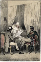 Louis Antoine Fauvelet de Bourienne (1769-1834), diplomático y administrador francés, y el General Napoleón Bonaparte (1769-1821) pidiendo dinero a un viejo capitalista enfermo para la campaña italiana. De la serie 