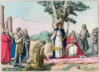 Luis IX, llamado “San Luis” (1214-1270) imparte justicia a todos sus súbditos en el Bosque de Vincennes - San Luis (1214-1270) imparte justicia - Grabado de finales del siglo XIX en “Nos Gires Nationales - Imágenes y relatos”