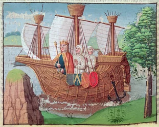 Luis VII embarcando hacia Tierra Santa con algunos monjes cistercienses en 1145, miniatura de "Ogier le Danois", impresa por A. Verard, París