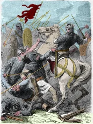 Luis VI llamado "El Gordo" (1081 - 1137), en la batalla de Brenneville, intentó tomar Normandía del Rey Enrique I de Inglaterra en 1119. Grabado en "Historia de Francia en Cien Pinturas" de Paul Lehugeur, 1891.
