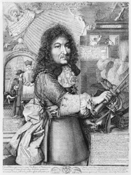 Luis XIV (1638-1715) aplastando la llamada religión reformada protestante con su espada, 1685