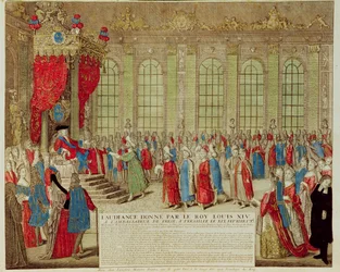 Luis XIV (1638-1715) recibiendo al embajador persa Mohammed Reza Beg en la Galería de los Espejos en Versalles, 19 de febrero de 1715