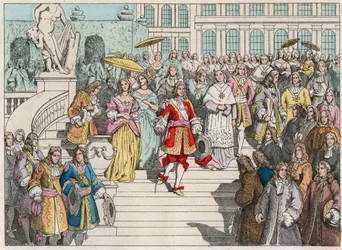 Luis XIV (Luis 14) y su corte en Versalles - Luis XIV de Francia y su corte en Versalles - Grabado de finales del siglo XIX en “Nos Gires Nationales - Imágenes y relatos”