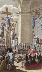 Luis XVI (1754-93) en su juicio, crucificado entre la nobleza y el clero, c.1792